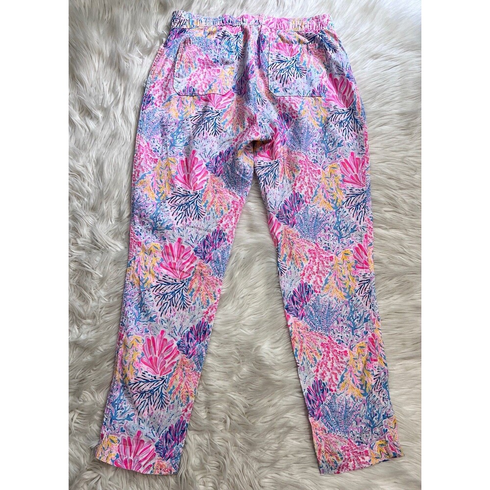 Lilly Pulitzer Taron 100% Linen Pants M Coastal Coral Print Drawstring Pull On - Picture 11 of 15